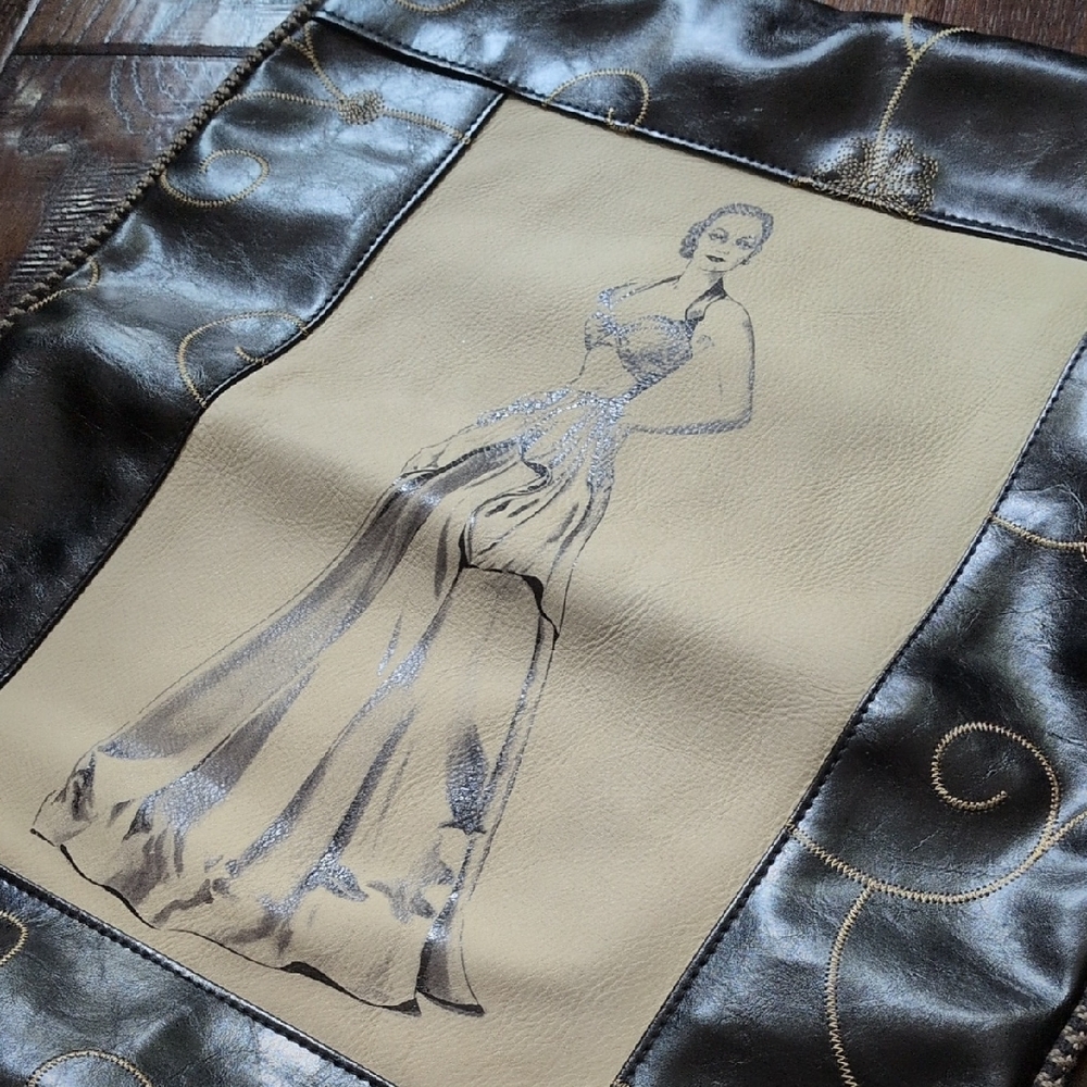 Black/Dark Brown Embroidered Leather & Fabric Retro Fashion Illustration Pillow